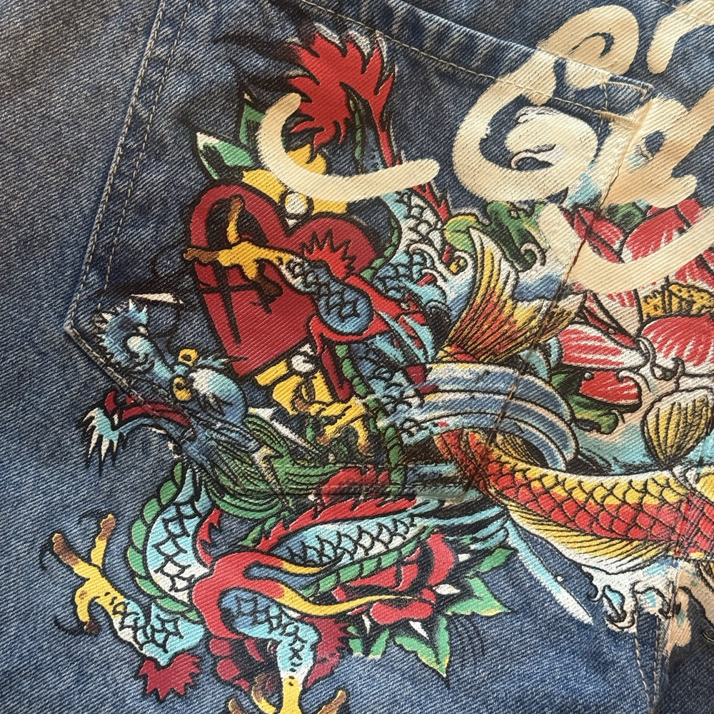 Ed Hardy Womens 30 Baggy Jeans Denim Painted Tattoo Graphic Tiger Koi Snake Y2K - Picture 15 of 16